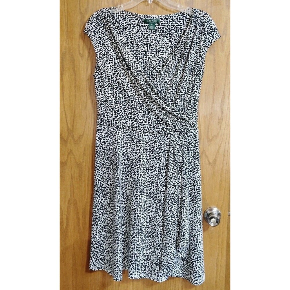 Lauren Ralph Lauren Women’s Dress 14 Faux Wrap Midi Stretch Jersey Black White